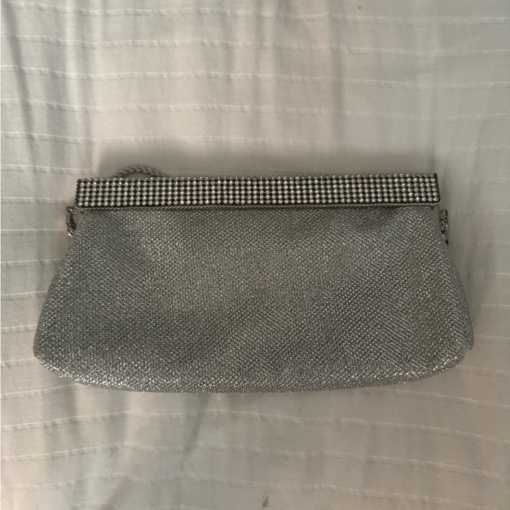 Nina Silver Glitter Clutch Evening Bag Wedding Formal Chain Strap - Picture 4 of 9